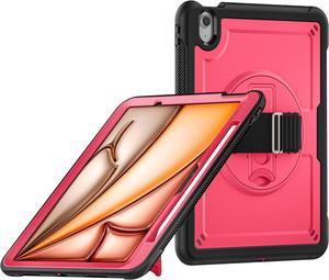 Case for iPad Air (2024) 11-inch M2 Chip Multilayered Rugged Durable Shockproof Tablet Cover with 360° Rotating Hand Strap Foldable Hidden Stand, Pink