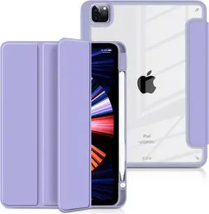 Hybrid Case for iPad Pro 12.9-inch 2022 M2 2021 5th / iPad Pro 12.9" 4th/3rd Gen [Built-in Pencil Holder] Shockproof Cover with Clear Back Shell TPU Bumper, Violet