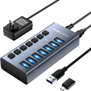 Powered USB 3.1 Hub, ACASIS 7 Ports USB 3.1 Hub with 10Gbps Data SpeedAluminum Housing, USB Hub Powered with 24W Power Adapter, USB Hub for PC/Laptop, Computer, Flash Drive, Printer, Camera