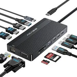 USB C Docking Station Dual HDMI Monitor, Laptop Docking Station 3 Monitors, 2 * 4K HDMI+1080p VGA+100W PD+Ethernet+3 USBC 10Gbps+SD/TF+Audio Adapter, USB C Hub for Dell/Lenovo/HP/ThinkPad(Black)