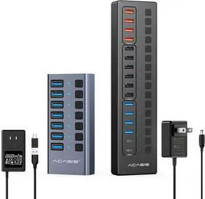 ACASIS 7 Ports USB 3.1 Hub Bundle with Powered USB 3.0 Hub, Include 7 * 10Gbps USB 3.1 A, 2*USB C 3.0+4 Smart Charging Port, 60W & 24W Power Adapter, USB Hub for PC/Laptop, Computer