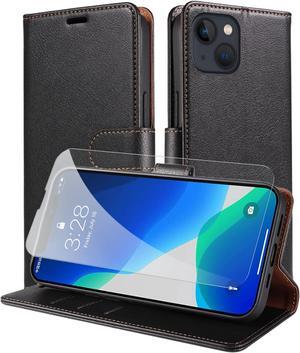 Case for iPhone 13 Wallet Cover with 1 Tempered Glass, PU Leather Flip Folio Case with Card Holders RFID Blocking Stand Shockproof TPU Inner Shell Phone Cover 6.1 Inch Black