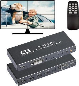 Video Wall Controller, 4K 2X2 TV Wall Processor with HDMI+DVI+RS232 Input, Support 180° Rotate, 4 HDMI Output Support Images Stitching 1x2 1x3 1x4 4x1 etc