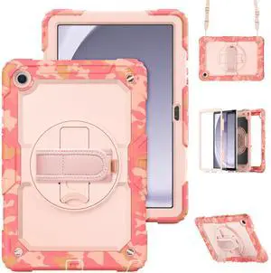 Case for Sam-sung Galaxy Tab A9 Plus 11 inch, Heavy Duty Shockproof Case with Rotatable Stand & Shoulder Strap, Camouflage Pink