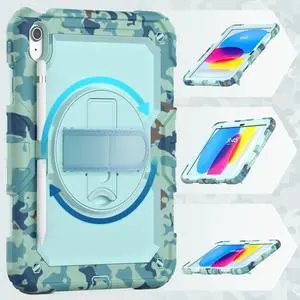 Case for iPad (A16) 11th/ 10th Generation Case 11''/ 10.9 Inch (2025/2022) - Heavy Duty Protective Cover with Screen Protector, Stand, Shoulder Strap & Pencil Holder | Kids-Friendly - Camouflage Blue