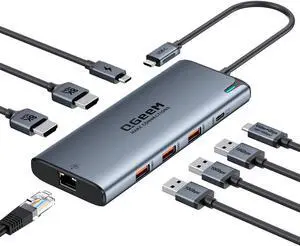USB C Hub,8 in 1 Extender Splitter with Single 8K,Dual 4K@60Hz HDMI,Multiport USB C to Ethernet Adapter for Type C Device,USB A 10Gbps Data,PD100W-M1/M2 only 1 Display