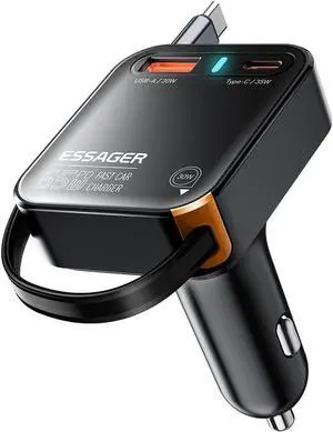 Retractable Car Charger, ESSAGER 65W Fast Car Charger USB C Car Phone Charger with Retractable USB C Cable Car Charger Adapter for iPhone 16/15/14/13/12 Pro Max, Galaxy, Pixel