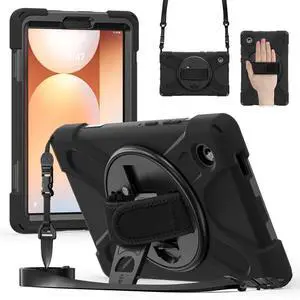 Case for Galaxy Tab A11 Case 8.7 inch, Shockproof Protective Tab A9+ Plus Kids Case with Screen Protector Pen Holder Rotating Hand Strap+Stand, Black