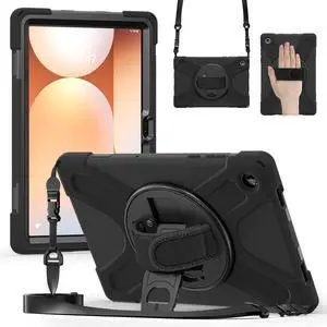 Case for Sam-sung Galaxy Tab A11+ Plus 11 2025, Shockproof Hard Duty Case with 360 Rotating Stand&Hand Strap/Shoulder Strap for Galaxy A11 Plus Tablet-Black