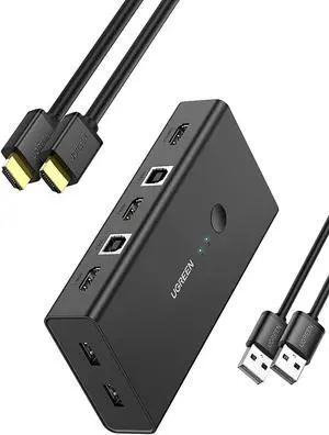UGREEN KVM Switch, HDMI and USB Switcher 2 in 1 Out Switches for 2 Computers Share Keyboard Mouse Printer and 1 Monitor, Support Full HD 4K@30Hz with One Button Switch, 2 USB Cable and 2 HDMI Cable