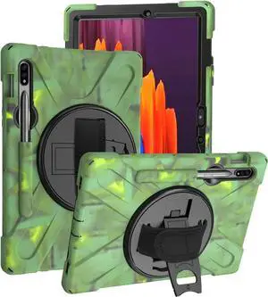 Galaxy Tab S7 Plus 12.4 Case Shockproof Heavy Duty Durable Dual-Layer Cover Kickstand Handstrap Shoulderstrap Sling for Samsung Galaxy Tab S7+ 2020 SM-T970 (Shield Camouflage)