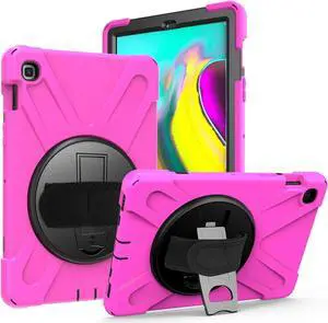 Galaxy Tab A 2019 Case 10.1, Heavy Duty Case Tempered Glass Screen Protector Cover Kickstand Handle Carrying Sling Strap for Samsung Galaxy Tab A 10.1 T510 T515 (Hot Pink)