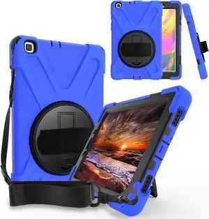 Galaxy Tab A 8.0 T290 Case, Heavy Duty Case Tempered Glass Screen Protector Cover Kickstand Handle Carrying Sling Strap for Samsung Galaxy Tab A 8.0 2019 T290 T295 (Dark Blue)