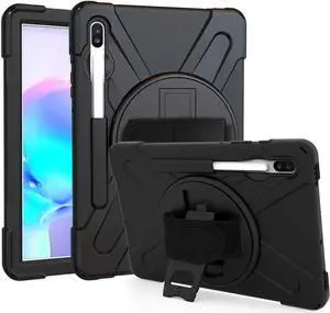 Galaxy Tab S6 10.5 Case T860 2019, Heavy Duty Case Tempered Glass Screen Protector Cover Kickstand Handle Carrying Sling Strap for Samsung Galaxy Tab S6 10.5 T860 T865 (Black)