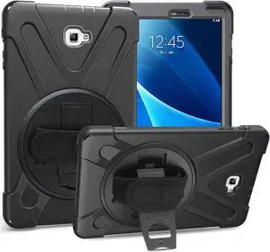 Galaxy Tab A 10.1 Inch Case by Heavy Duty Shield Rotating Palmstrap Kickstand Shoulder Strap Tempered Glass Screen Protector for Samsung Galaxy Tab A 10.1 P580 SM-P580 (Black)