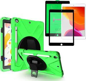 Shockproof Case Full-Body Heavy Duty Cover Stand with Shatterproof Ceramic Screen Protector for Apple iPad 10.2 7th 8th Gen (Green)