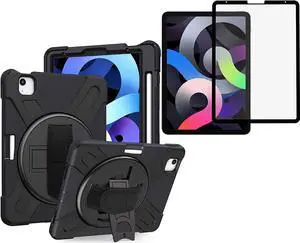 Shockproof Case Full-Body Heavy Duty Cover Stand with Shatterproof Ceramic Screen Protector for Apple iPad Air 4 10.9 2020 (Black)