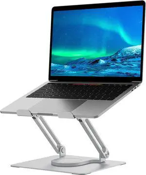 Adjustable Laptop Stand with 360° Rotating Heavy Base, Ergonomic Laptop Riser for Desk, Stable Laptop Holder for Collaborative Working, Suit for 10-15.6" PC Computer, Dual Shaft, Silver