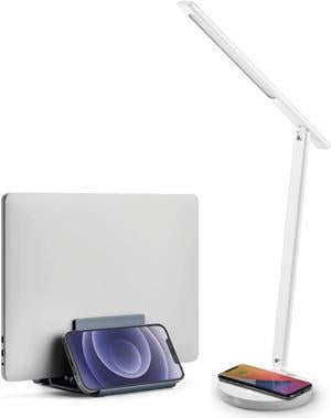 MOMAX Smart LED Desk Lamp with Wireless Charger & Auto Locking Vertical Laptop Stand, Eye-Caring Auto-Dimming Lamp with Light Sensor, Voice & APP Control, USB Port, for Home Office, Reading, Studying