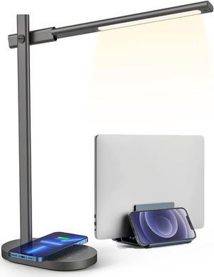 MOMAX LED Desk Lamp with 10W Wireless Charger & Gravity Auto Locking Vertical Laptop Stand, 270° Folding Metal Table Lamp with USB Port, 6 Brightness Levels, Detachable for Home Office, Bedroom (Grey)