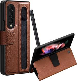 ErHu for Samsung Galaxy Z Fold 3 Case [Kickstand] [S-Pen Pocket Design] Luxury Leather Shockproof Full Protective Cover for Galaxy Z Fold 3 5G 2021 Brown