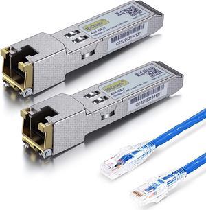 Pack of 2 SFP to RJ45 1000BASE-T Copper Transceiver for  GLC-T/SFP-GE-T, Meraki, Ubiquiti UniFi, Fortinet and More, with a RJ45 Cat-6 Ethernet Patch Internet Cable - 8 Foot (2.5 Meters)