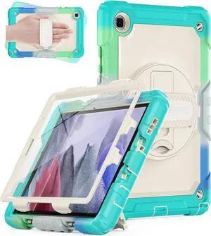 Kid Case for Samsung Galaxy Tab A7 Lite Case 8.7" (SM-T220/T225/T227), Heavy Duty Full-Body Shockproof Protective Case with Screen Protector, Rotating Stand, Hand/Shoulder Strap, Colorful/Blue