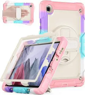 Kid Case for Samsung Galaxy Tab A7 Lite 8.7" (SM-T220/ T225/ T227), Heavy Duty Full-Body Shockproof Protective Case with Screen Protector, Rotating Stand, Hand/Shoulder Strap, Colorful/Pink