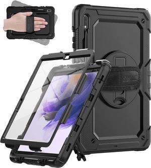 for Samsung Galaxy Tab S7 FE/Tab S8 Plus/ S7 Plus Case 12.4'', Heavy Duty Full-Body Shockproof Protective Case with Screen Protector, Rotating Stand, Hand/Shoulder Strap and Pen Holder, Black