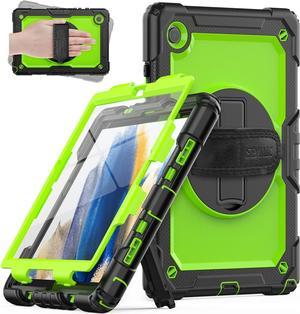 for Samsung Galaxy Tab A8 Case 10.5 Inch (SM-X200/ X205/ X207), Heavy Duty Full-Body Shockproof Protective Case with Screen Protector, Rotating Stand, Hand/Shoulder Strap and Pen Holder, Green