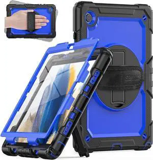 Case for Samsung Galaxy Tab A8 Case 10.5" (SM-X200/ X205/ X207), Sturdy Shockproof Full-Body Protective Case with Screen Protector, Rotating Stand, Hand/Shoulder Strap and Pencil Holder, Blue