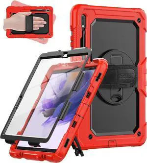 Case for Samsung Galaxy Tab S7 FE/ S8 Plus/ S7 Plus Case 12.4 Inch (SM-X800/X806, SM-T730/T733), Heavy Duty Shockproof Protective Case with Screen Protector, Stand, Hand/Shoulder Strap, Red