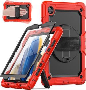 Kids Case for Samsung Galaxy Tab A8 10.5" (SM-X200/ X205/ X207), Sturdy Heavy Duty Shockproof Protective Case with Screen Protector, Rotating Stand, Hand/Shoulder Strap, Pen Holder, Red