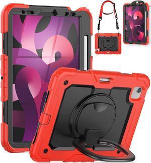 Kids Case for iPad 10th Generation Case 10.9 Inch 2022 (A2696/ A2757/ A2777), Full-Body Shockproof Heavy Duty Protective Case with Screen Protector, Rotating Stand/Handle/Shoulder Strap, Red