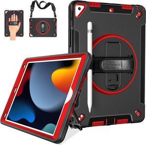 Case for iPad 10.2 9th Generation 2021: Military Grade Heavy Duty Shockproof Cover for iPad 10.2 Inch 2021- Rotating Stand - Hand/Shoulder Strap Red