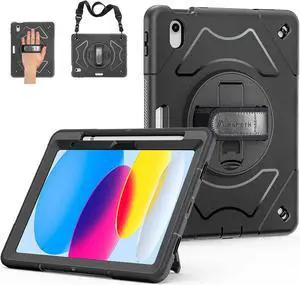 Case for iPad 10th Generation 2022: iPad 10.9 Case Military Grade Heavy Duty Shockproof Cover for iPad 10.9 Inch 2022 Hand/Shoulder Strap - Rotating Stand - Black