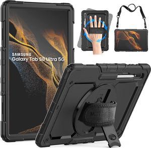 Full Body Protective Case for Samsung Galaxy Tab S8 Ultra 14.6 Inch, 3-Layer Rugged Military Grade Shockproof Case for Tab S8 Ultra with 360° Swivel Handle, S-Pen Holder, Shoulder Strap, Black