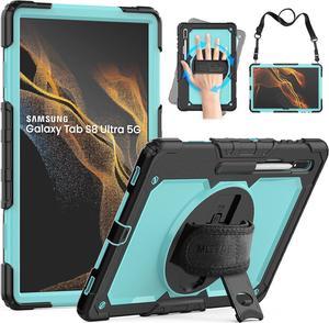 Full Body Protective Case for Samsung Galaxy Tab S8 Ultra 14.6, 3-Layer Rugged Military Grade Shockproof Case for Tab S8 Ultra with 360° Swivel Handle, S-Pen Holder, Shoulder Strap, Sky Blue PC