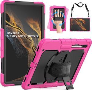 Full Body Protective Case for Samsung Galaxy Tab S8 Ultra 14.6, 3-Layer Rugged Military Grade Shockproof Case for Tab S8 Ultra with 360° Swivel Handle, S-Pen Holder, Shoulder Strap, Rose Red PC