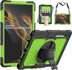 Full Body Protective Case for Samsung Galaxy Tab S8 Ultra 14.6'', 3-Layer Rugged Military Grade Shockproof Case for Tab S8 Ultra with 360° Swivel Handle, S-Pen Holder, Shoulder Strap, Green PC