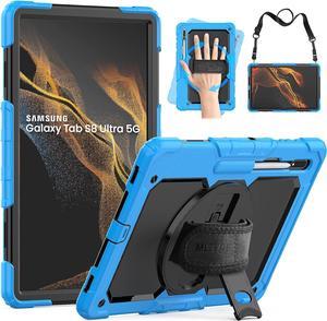 Full Body Protective Case for Samsung Galaxy Tab S8 Ultra 14.6 Inch, 3-Layer Rugged Military Grade Shockproof Case for Tab S8 Ultra with 360° Swivel Handle, S-Pen Holder, Shoulder Strap, Orange