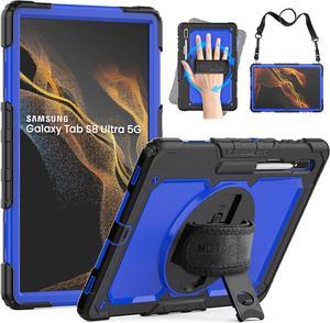 Full Body Protective Case for Samsung Galaxy Tab S8 Ultra 14.6 Inch, 3-Layer Rugged Military Grade Shockproof Case for Tab S8 Ultra with 360° Swivel Handle, S-Pen Holder, Shoulder Strap, Purple