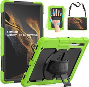 Full Body Protective Case for Samsung Galaxy Tab S8 Ultra 14.6'', 3-Layer Rugged Military Grade Shockproof Case for Tab S8 Ultra with 360° Swivel Handle, S-Pen Holder, Shoulder Strap, Blue PC