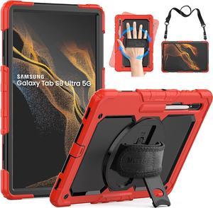 Full Body Protective Case for Samsung Galaxy Tab S8 Ultra 14.6'', 3-Layer Rugged Military Grade Shockproof Case for Tab S8 Ultra with 360° Swivel Handle, S-Pen Holder, Shoulder Strap, Rose Red