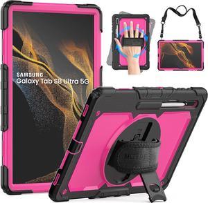 Full Body Protective Case for Samsung Galaxy Tab S8 Ultra 14.6 Inch, 3-Layer Rugged Military Grade Shockproof Case for Tab S8 Ultra with 360° Swivel Handle, S-Pen Holder, Shoulder Strap, Blue