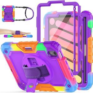 Pad Mini 6 Case 8.3" 2021 with Screen Protector Pencil Holder [360 Rotating Hand Strap] &Stand, Drop-Proof Case for Pad Mini 6th Generation 8.3", Purple+Colorful