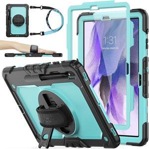 Case for Galaxy Tab S8 Plus/ S7 FE Case 12.4'' with Screen Protector Pencil Holder [360 Rotating Hand Strap] &Stand, Drop-Proof Case for Galaxy Tab S8 Plus/ S7 FE, Sky Blue/Black