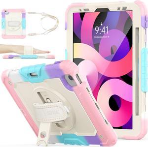 Case for Pad Air 5th/4th Generation/Pro 11 (4th/3rd/2nd), Full-Body Drop Protection Case with Screen Protector Pen Holder 360° Rotate Hand Strap/Stand for Pad 10.9/11(Pink+Beige)