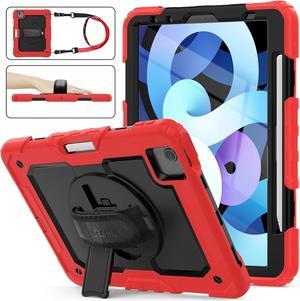 Case for Pad Air 5th/4th Generation/Pro 11 (4th/3rd/2nd), Full-Body Drop Protection Case with Screen Protector Pen Holder 360° Rotate Hand Strap/Stand for Pad 10.9/11(Black+Red)