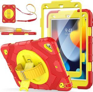 Pad 9th/ 8th/ 7th Generation Case 10.2 with Meshdesign, Screen Protector Pencil Holder [360° Rotating Hand Strap]&Stand, Shockproof Case for Pad 10.2 inch 2021/2020/2019(Red+Yellow)